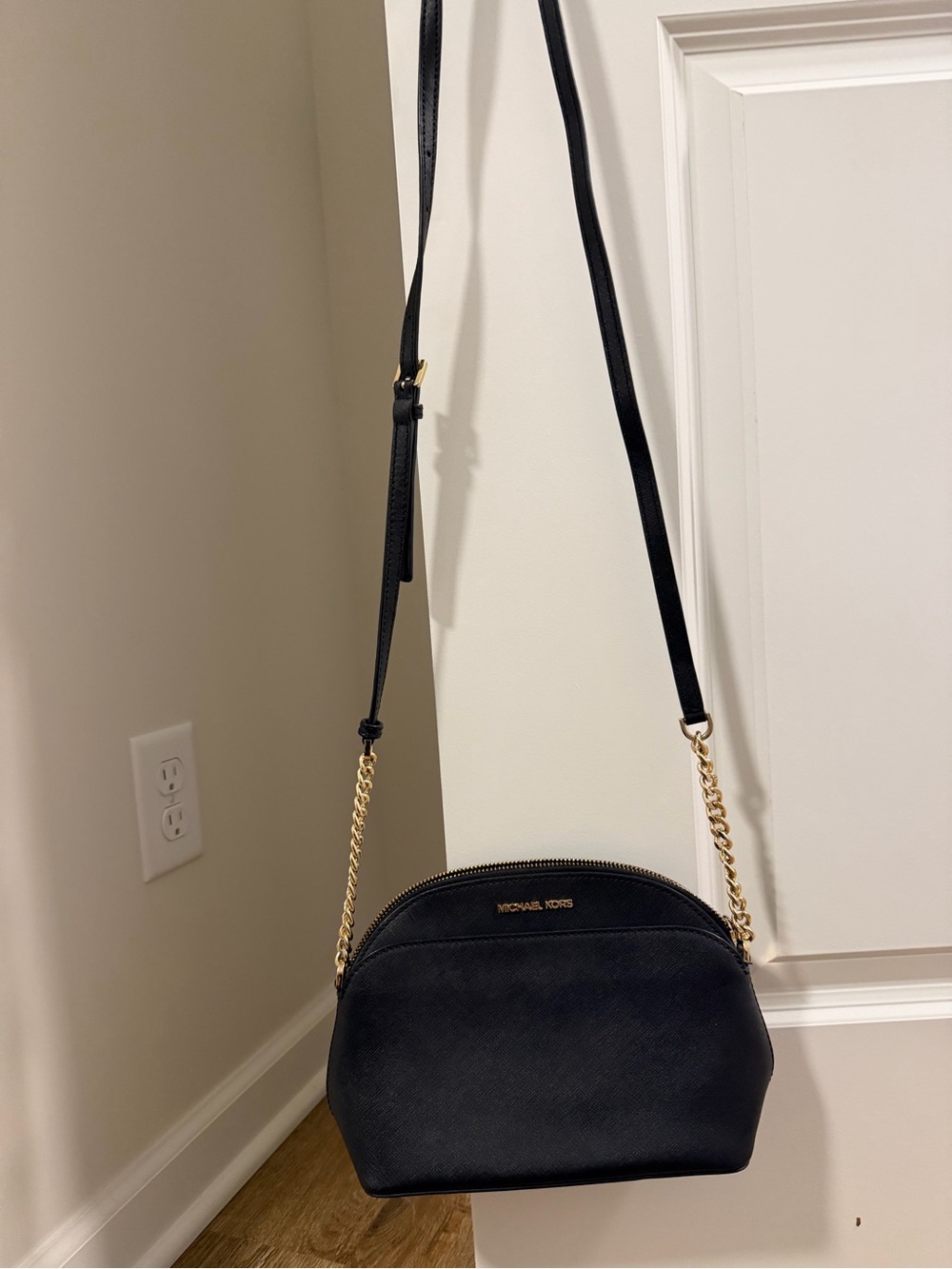 Michael Kors Black Saffiano Leather Dome Crossbody with Gold Chain
